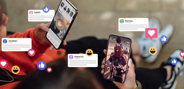 Two female hands holding their smartphones, connecting with social media, leaving comments, sending messages and sharing photos. Technology connecting people.